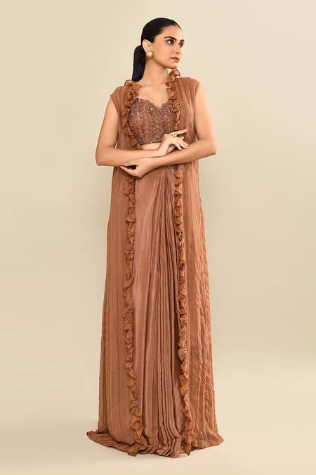 Buy_Kalighata_Brown Silk Sequins, Embroidery Scoop , Open Jacket Skirt Set 