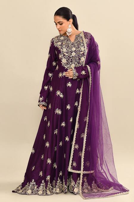 Kalighata_Purple Chanderi Cut Work, Sequins Hand Embroidered Anarkali Set _Online_at_Aza_Fashions