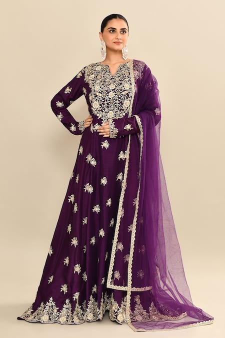 Buy_Kalighata_Purple Chanderi Cut Work, Sequins Hand Embroidered Anarkali Set _Online_at_Aza_Fashions