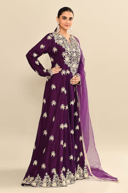 Shop_Kalighata_Purple Chanderi Cut Work, Sequins Hand Embroidered Anarkali Set _Online_at_Aza_Fashions