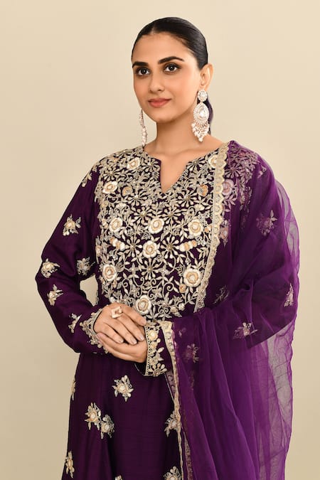 Kalighata_Purple Chanderi Cut Work, Sequins Hand Embroidered Anarkali Set _at_Aza_Fashions