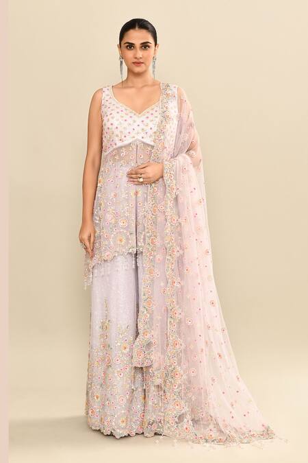 Kalighata_Purple Organza Sequins, Cut Work Lilac Floral Embroidered Kurta Set _Online_at_Aza_Fashions