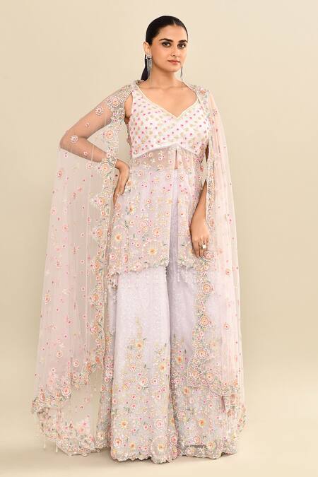 Buy_Kalighata_Purple Organza Sequins, Cut Work Lilac Floral Embroidered Kurta Set _Online_at_Aza_Fashions
