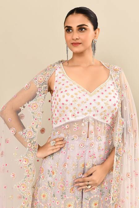 Shop_Kalighata_Purple Organza Sequins, Cut Work Lilac Floral Embroidered Kurta Set _Online_at_Aza_Fashions