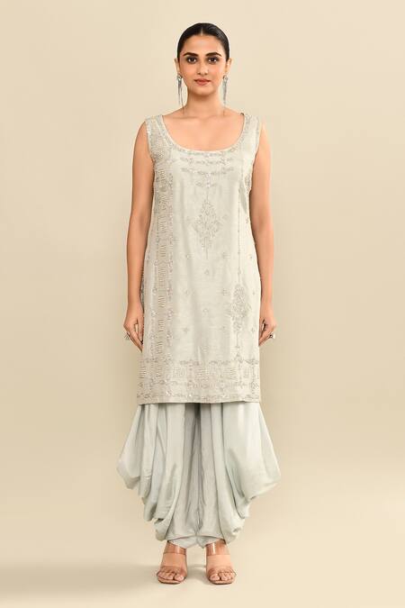 Buy_Kalighata_Blue Silk Sequins, Cut Work Open Floral Embroidered Jacket And Dhoti Pant Set _Online_at_Aza_Fashions