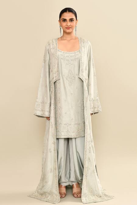 Shop_Kalighata_Blue Silk Sequins, Cut Work Open Floral Embroidered Jacket And Dhoti Pant Set _Online_at_Aza_Fashions