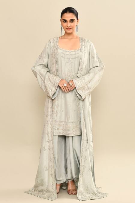 Kalighata_Blue Silk Sequins, Cut Work Open Floral Embroidered Jacket And Dhoti Pant Set _at_Aza_Fashions