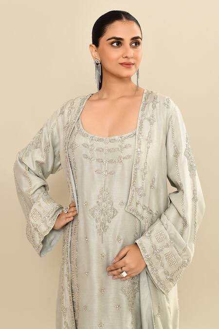 Buy_Kalighata_Blue Silk Sequins, Cut Work Open Floral Embroidered Jacket And Dhoti Pant Set 