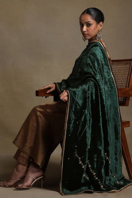 Weaver Story_Green Sequins Floral Vine Hand Embroidered Dushala _Online_at_Aza_Fashions