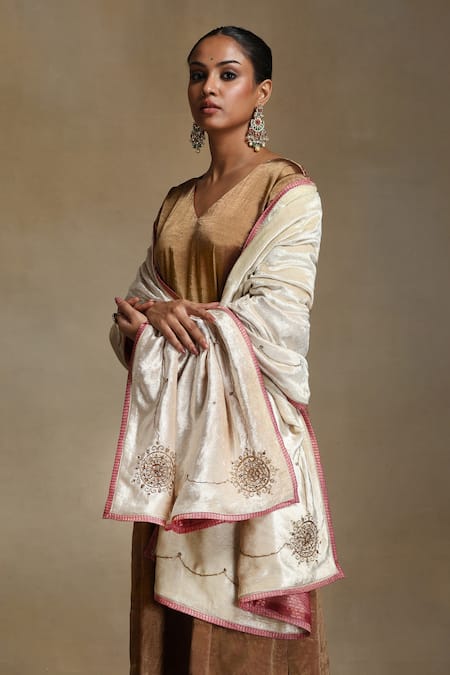 Weaver Story_Off White Embroidery Geometric Floral Hand Dushala _Online_at_Aza_Fashions