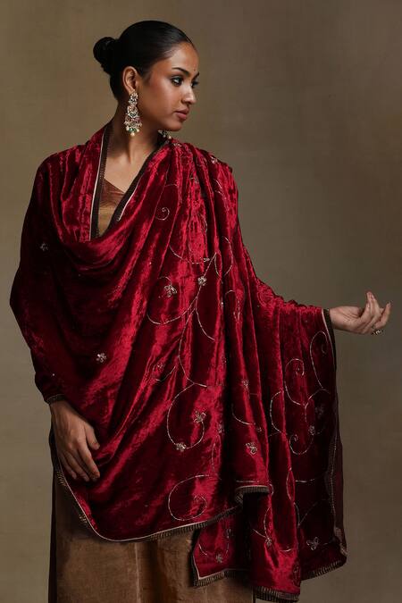 Weaver Story_Red Embroidery Floral Vine Hand Dushala _Online_at_Aza_Fashions