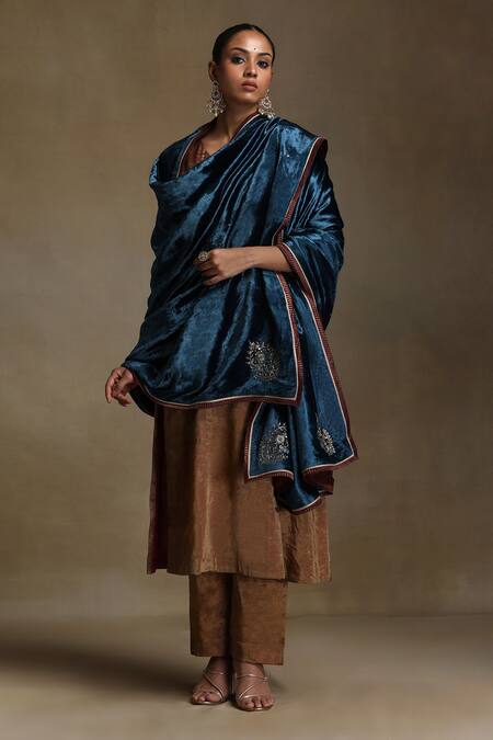 Weaver Story_Blue Embroidery Floral Butta Dushala _Online_at_Aza_Fashions