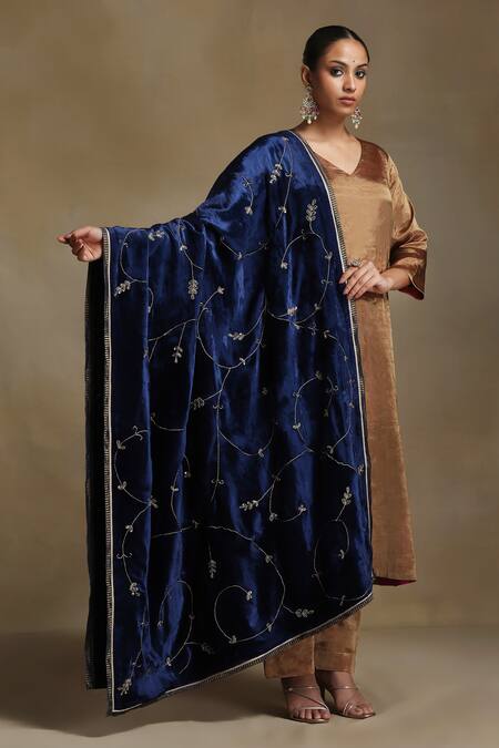 Weaver Story_Blue Embroidery Flower Vine Hand Dushala _Online_at_Aza_Fashions