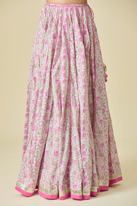 Buy_Naintara Bajaj_Pink Cotton Embroidery Sweetheart Neck Floral Printed Lehenga And Blouse Set _Online_at_Aza_Fashions