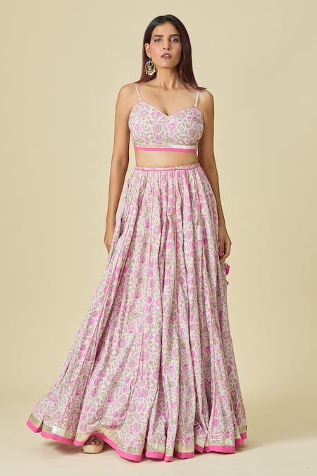 Shop_Naintara Bajaj_Pink Cotton Embroidery Sweetheart Neck Floral Printed Lehenga And Blouse Set _Online_at_Aza_Fashions