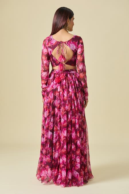 Shop Naintara Bajaj Magenta Chiffon Embroidery Open Neck Floral Print Lehenga Set at Aza Fashions Shop_Naintara Bajaj_Magenta Chiffon Embroidery Open Neck Floral Print Lehenga Set _at_Aza_Fashions