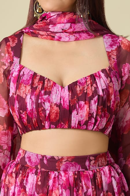 Naintara Bajaj Magenta Chiffon Embroidery Open Neck Floral Print Lehenga Set Online at Aza Fashions Naintara Bajaj_Magenta Chiffon Embroidery Open Neck Floral Print Lehenga Set _Online_at_Aza_Fashions