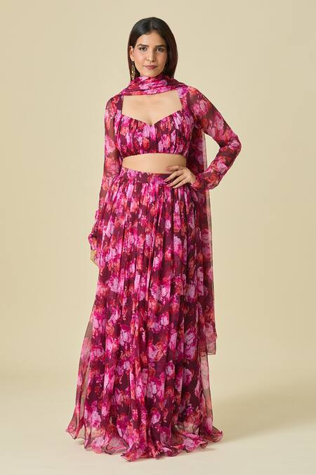 Buy Naintara Bajaj Magenta Chiffon Embroidery Open Neck Floral Print Lehenga Set Online at Aza Fashions Buy_Naintara Bajaj_Magenta Chiffon Embroidery Open Neck Floral Print Lehenga Set _Online_at_Aza_Fashions