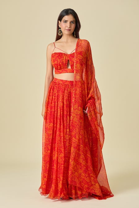Naintara Bajaj_Orange Chiffon V-neck Floral Printed Lehenga Set _Online_at_Aza_Fashions