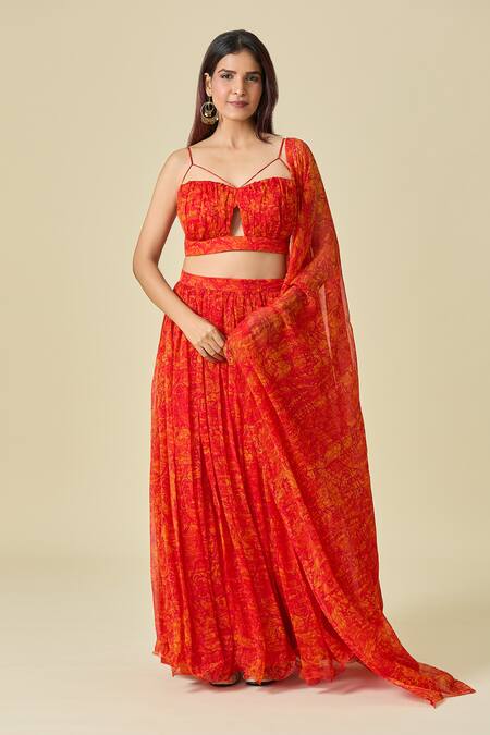 Buy_Naintara Bajaj_Orange Chiffon V-neck Floral Printed Lehenga Set _Online_at_Aza_Fashions