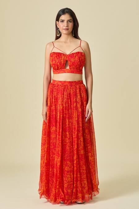Shop_Naintara Bajaj_Orange Chiffon V-neck Floral Printed Lehenga Set _Online_at_Aza_Fashions