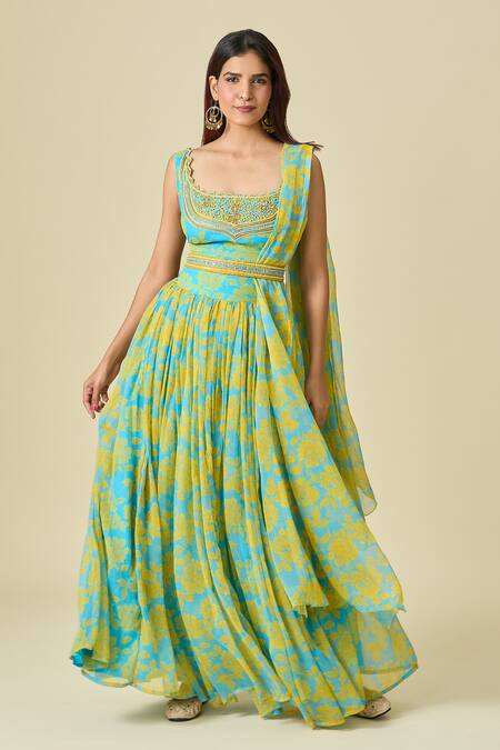 Naintara Bajaj Yellow Chiffon Cut Work, Beads, Pearls Scoop Neck Floral Print Lehenga Set Online at Aza Fashions Naintara Bajaj_Yellow Chiffon Cut Work, Beads, Pearls Scoop Neck Floral Print Lehenga Set _Online_at_Aza_Fashions