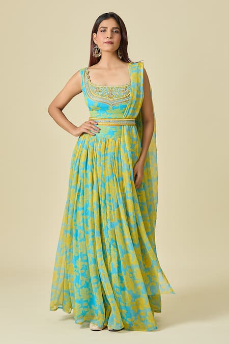 Buy Naintara Bajaj Yellow Chiffon Cut Work, Beads, Pearls Scoop Neck Floral Print Lehenga Set Online at Aza Fashions Buy_Naintara Bajaj_Yellow Chiffon Cut Work, Beads, Pearls Scoop Neck Floral Print Lehenga Set _Online_at_Aza_Fashions