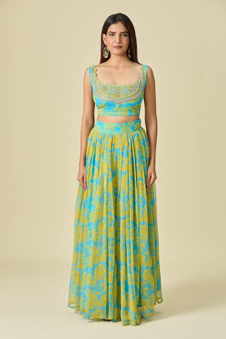 Naintara Bajaj Yellow Chiffon Cut Work, Beads, Pearls Scoop Neck Floral Print Lehenga Set at Aza Fashions Naintara Bajaj_Yellow Chiffon Cut Work, Beads, Pearls Scoop Neck Floral Print Lehenga Set _at_Aza_Fashions