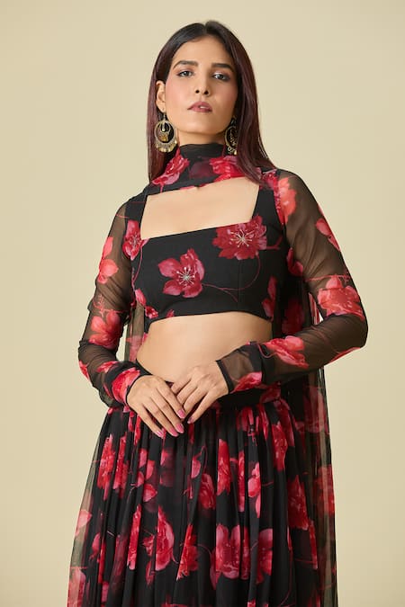 Buy_Naintara Bajaj_Black Chiffon Square Neck Floral Printed Lehenga Set _Online_at_Aza_Fashions