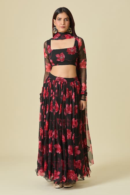 Shop_Naintara Bajaj_Black Chiffon Square Neck Floral Printed Lehenga Set _Online_at_Aza_Fashions