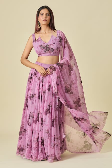 Naintara Bajaj_Purple Chiffon Zari, Embroidery V-neck Floral Print Lehenga Set _Online_at_Aza_Fashions