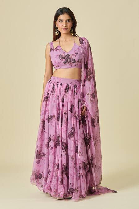 Buy_Naintara Bajaj_Purple Chiffon Zari, Embroidery V-neck Floral Print Lehenga Set _Online_at_Aza_Fashions