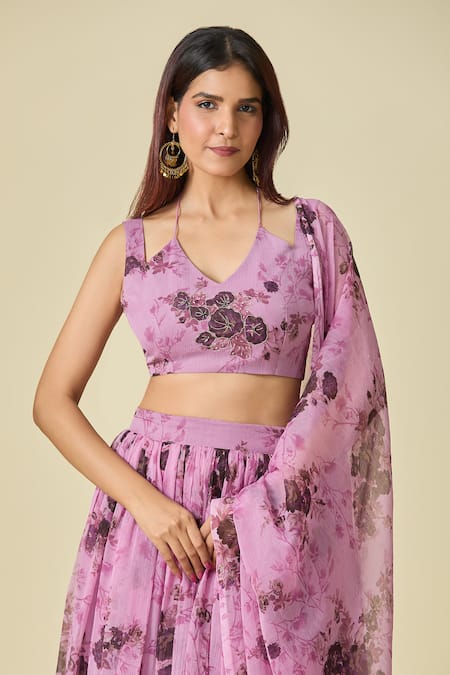 Shop_Naintara Bajaj_Purple Chiffon Zari, Embroidery V-neck Floral Print Lehenga Set _Online_at_Aza_Fashions