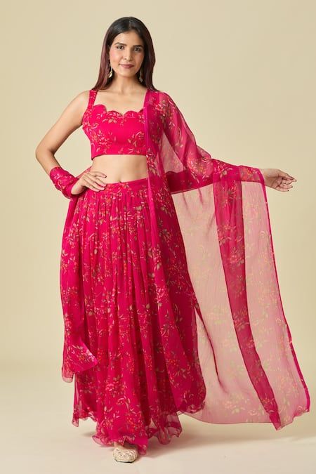 Naintara Bajaj_Pink Chiffon Embroidery Scoop Neck Floral Printed Lehenga Set _Online_at_Aza_Fashions