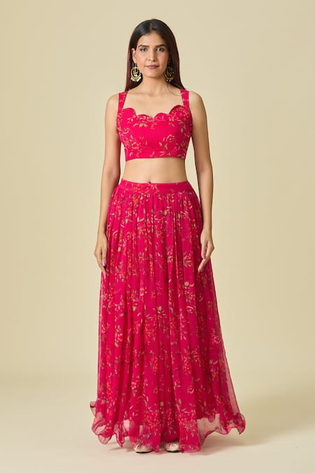 Shop_Naintara Bajaj_Pink Chiffon Embroidery Scoop Neck Floral Printed Lehenga Set _Online_at_Aza_Fashions