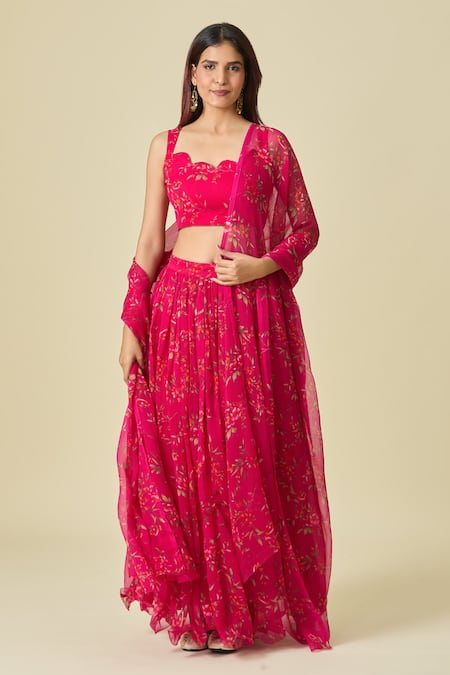 Naintara Bajaj_Pink Chiffon Embroidery Scoop Neck Floral Printed Lehenga Set _at_Aza_Fashions