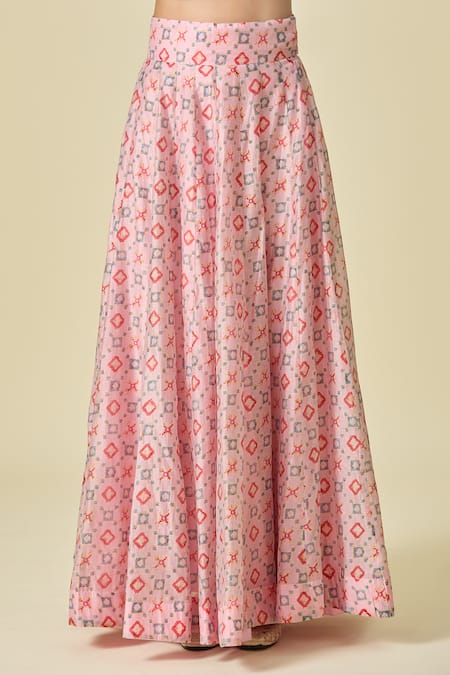 Buy_Naintara Bajaj_Pink Chanderi, Organza Square Neck Geometric Printed Lehenga Set _Online_at_Aza_Fashions