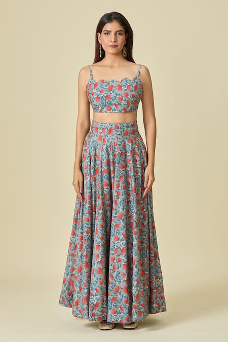 Naintara Bajaj_Blue Chanderi, Organza Scoop Neck Floral Printed Lehenga Set _Online_at_Aza_Fashions