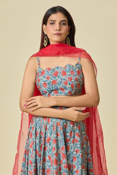 Buy_Naintara Bajaj_Blue Chanderi, Organza Scoop Neck Floral Printed Lehenga Set _Online_at_Aza_Fashions