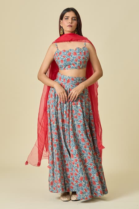 Shop_Naintara Bajaj_Blue Chanderi, Organza Scoop Neck Floral Printed Lehenga Set _Online_at_Aza_Fashions