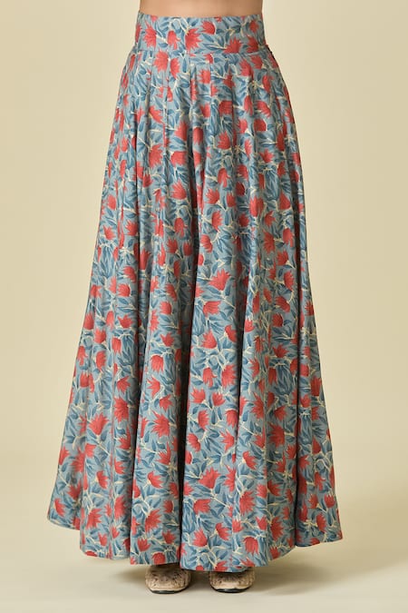 Naintara Bajaj_Blue Chanderi, Organza Scoop Neck Floral Printed Lehenga Set _at_Aza_Fashions