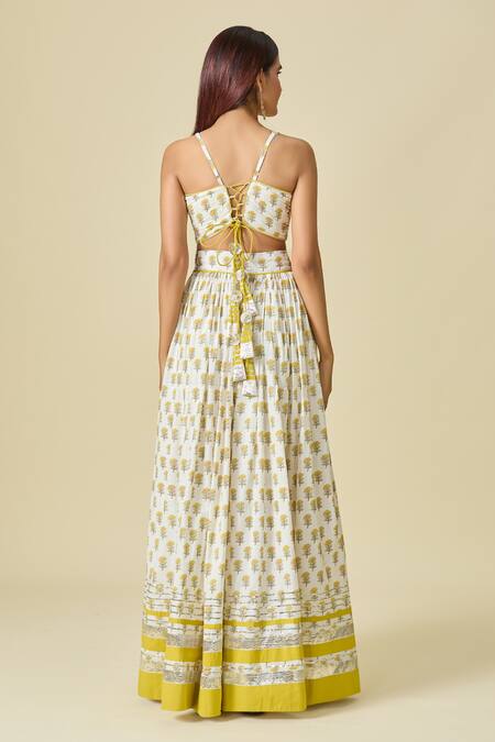 Shop_Samyukta Singhania_White Cotton, Chiffon Asymmetric Floral Print Lehenga Set _at_Aza_Fashions