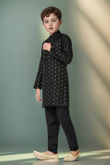Buy Petite Pomme Black Chanderi, Linen Zari Butta Kurta Set Buy_Petite Pomme_Black Chanderi, Linen Zari Butta Kurta Set