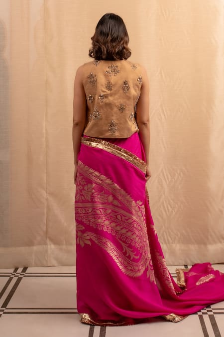 Shop Priyanka Raajiv Gold Silk Cut Work Round Neck Zardozi Bead Embroidered Blouse at Aza Fashions Shop_Priyanka Raajiv_Gold Silk Cut Work Round Neck Zardozi Bead Embroidered Blouse _at_Aza_Fashions