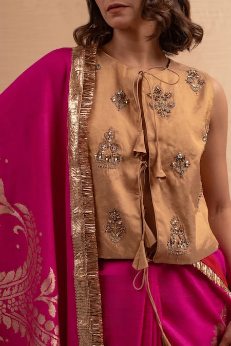 Priyanka Raajiv Gold Silk Cut Work Round Neck Zardozi Bead Embroidered Blouse Online at Aza Fashions Priyanka Raajiv_Gold Silk Cut Work Round Neck Zardozi Bead Embroidered Blouse _Online_at_Aza_Fashions