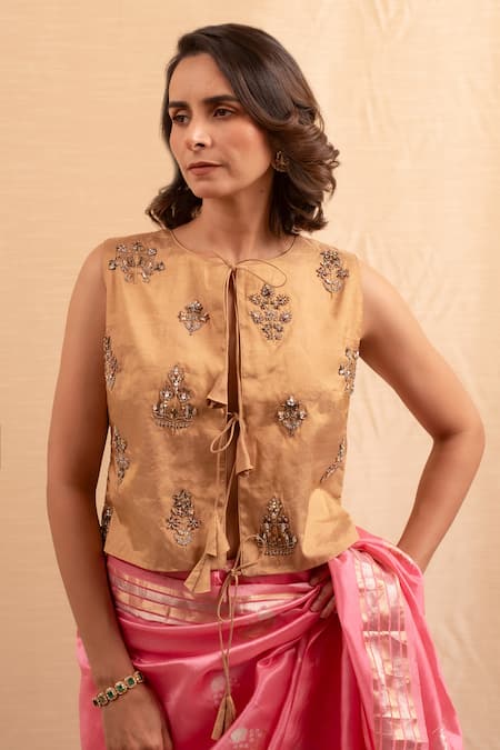 Buy Priyanka Raajiv Gold Silk Cut Work Round Neck Zardozi Bead Embroidered Blouse Online at Aza Fashions Buy_Priyanka Raajiv_Gold Silk Cut Work Round Neck Zardozi Bead Embroidered Blouse _Online_at_Aza_Fashions