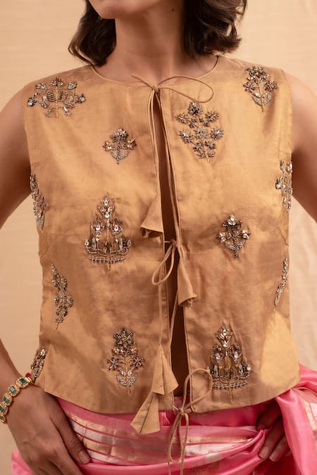 Shop Priyanka Raajiv Gold Silk Cut Work Round Neck Zardozi Bead Embroidered Blouse Online at Aza Fashions Shop_Priyanka Raajiv_Gold Silk Cut Work Round Neck Zardozi Bead Embroidered Blouse _Online_at_Aza_Fashions