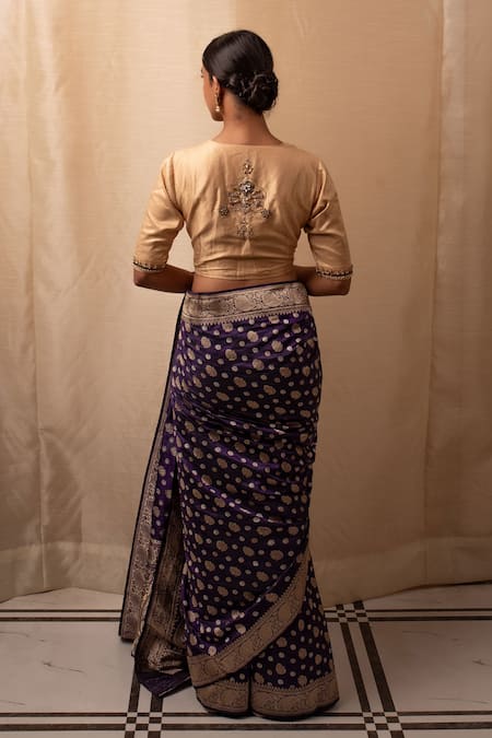 Priyanka Raajiv Gold Silk, Brocade Zari, Beads, Pearls Open Neck Zardozi Embroidered Blouse Online at Aza Fashions Priyanka Raajiv_Gold Silk, Brocade Zari, Beads, Pearls Open Neck Zardozi Embroidered Blouse _Online_at_Aza_Fashions