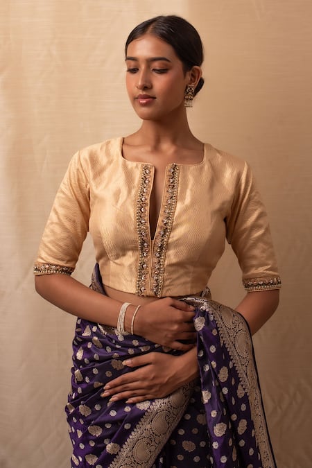Buy Priyanka Raajiv Gold Silk, Brocade Zari, Beads, Pearls Open Neck Zardozi Embroidered Blouse Online at Aza Fashions Buy_Priyanka Raajiv_Gold Silk, Brocade Zari, Beads, Pearls Open Neck Zardozi Embroidered Blouse _Online_at_Aza_Fashions