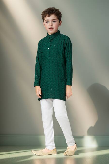 Buy_Petite Pomme_Green Cotton Sequins, Embroidery Geometric Floral Kurta Set 
